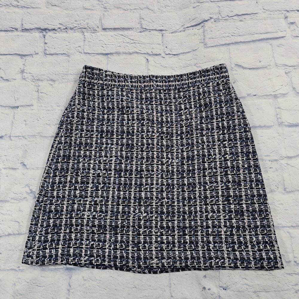 Ann Taylor Factory Tweed Skirt WOMENS 2P Navy Blue Plaid A-Line Mini Career